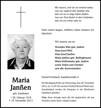 Anzeige von Maria Janßen von Kölner Stadt-Anzeiger / Kölnische Rundschau / Express
