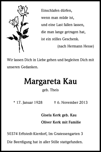 Anzeige von Margareta Kau von Kölner Stadt-Anzeiger / Kölnische Rundschau / Express