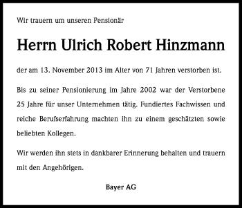 Anzeige von Ulrich Robert Hinzmann von Kölner Stadt-Anzeiger / Kölnische Rundschau / Express