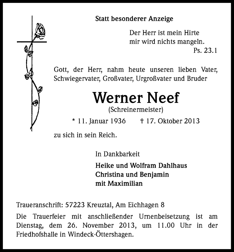  Traueranzeige für Werner Neef vom 21.11.2013 aus Kölner Stadt-Anzeiger / Kölnische Rundschau / Express