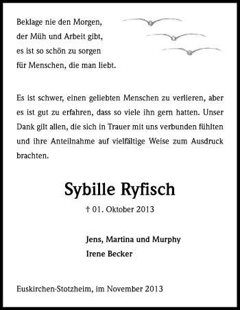 Anzeige von Sybille Ryfisch von Kölner Stadt-Anzeiger / Kölnische Rundschau / Express