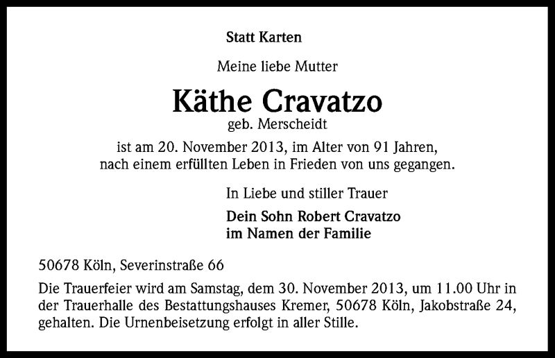  Traueranzeige für Käthe Cravatzo vom 23.11.2013 aus Kölner Stadt-Anzeiger / Kölnische Rundschau / Express