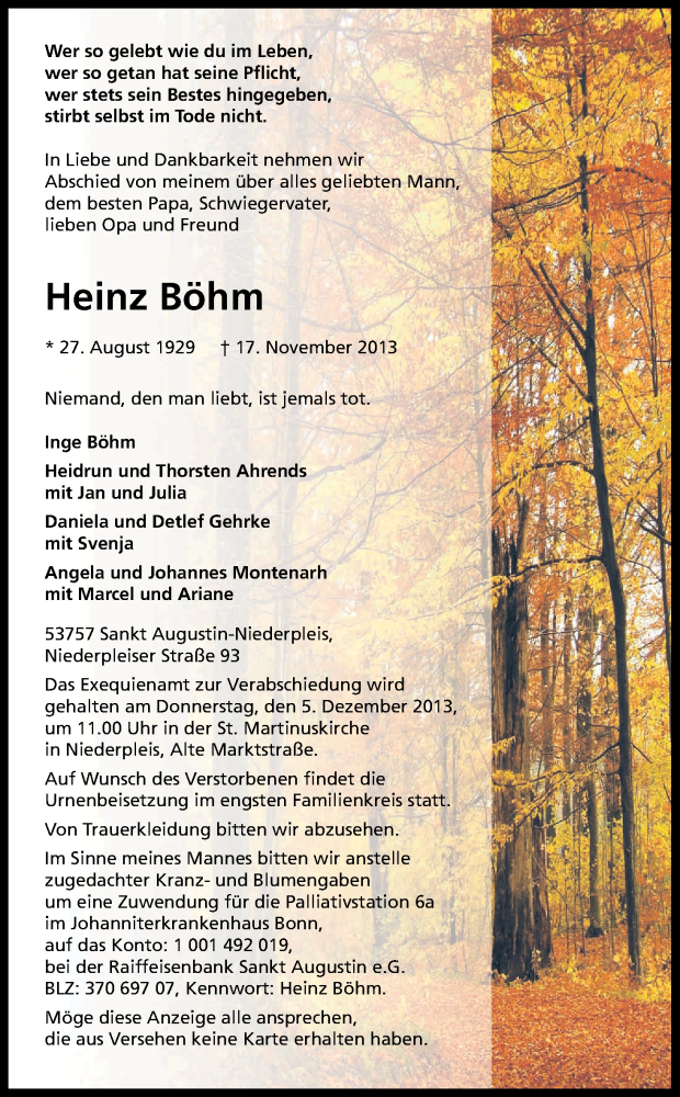  Traueranzeige für Heinz Böhm vom 30.11.2013 aus Kölner Stadt-Anzeiger / Kölnische Rundschau / Express