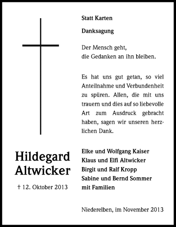 Anzeige von Hildegard Altwicker von Kölner Stadt-Anzeiger / Kölnische Rundschau / Express