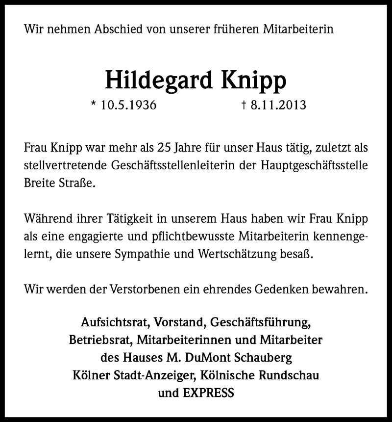  Traueranzeige für Hildegard Knipp vom 23.11.2013 aus Kölner Stadt-Anzeiger / Kölnische Rundschau / Express