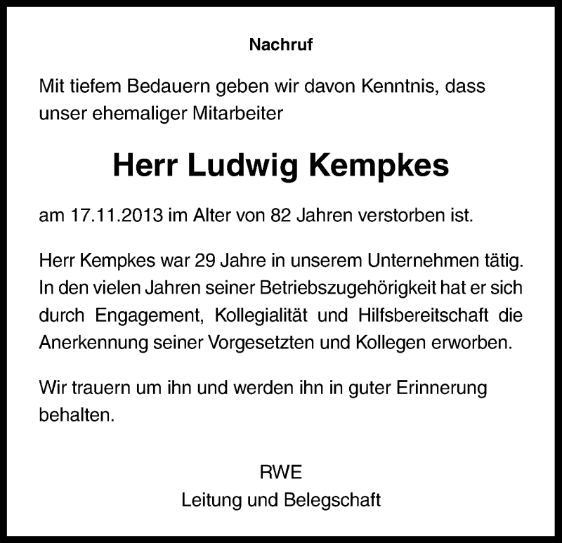  Traueranzeige für Ludwig Kempkes vom 26.11.2013 aus Kölner Stadt-Anzeiger / Kölnische Rundschau / Express