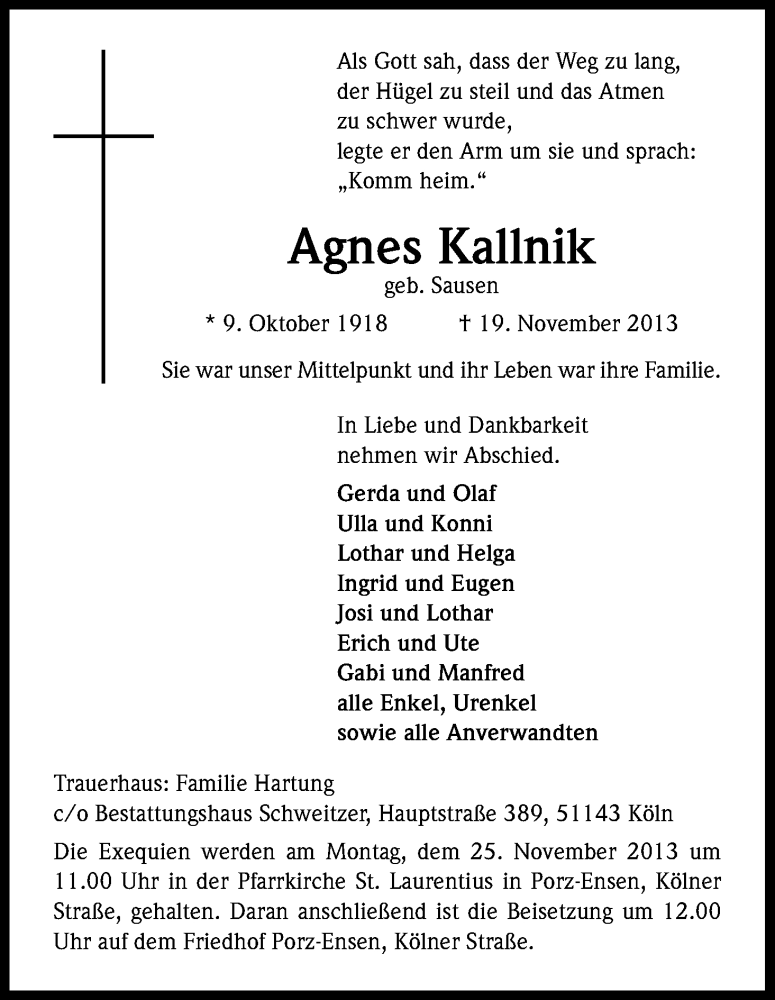  Traueranzeige für Agnes Kallnik vom 21.11.2013 aus Kölner Stadt-Anzeiger / Kölnische Rundschau / Express