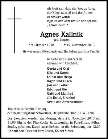 Anzeige von Agnes Kallnik von Kölner Stadt-Anzeiger / Kölnische Rundschau / Express