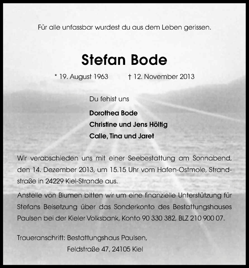  Traueranzeige für Stefan Bode vom 23.11.2013 aus Kölner Stadt-Anzeiger / Kölnische Rundschau / Express
