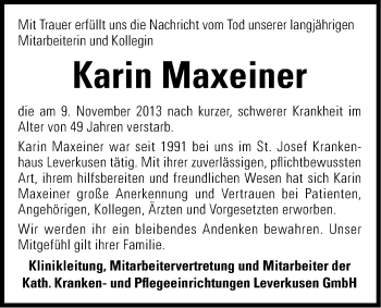 Anzeige von Karin Maxeiner von Kölner Stadt-Anzeiger / Kölnische Rundschau / Express