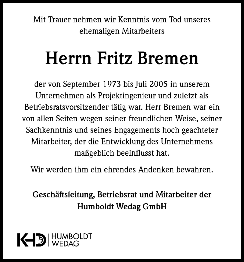  Traueranzeige für Fritz Bremen vom 23.11.2013 aus Kölner Stadt-Anzeiger / Kölnische Rundschau / Express