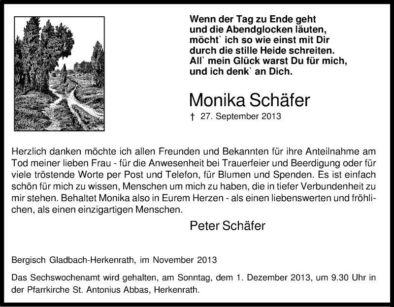  Traueranzeige für Monika Schäfer vom 23.11.2013 aus Kölner Stadt-Anzeiger / Kölnische Rundschau / Express