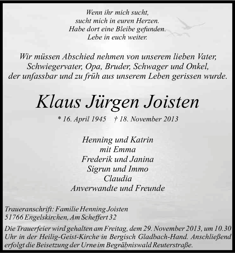  Traueranzeige für Klaus Jürgen Joisten vom 23.11.2013 aus Kölner Stadt-Anzeiger / Kölnische Rundschau / Express