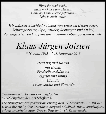 Anzeige von Klaus Jürgen Joisten von Kölner Stadt-Anzeiger / Kölnische Rundschau / Express