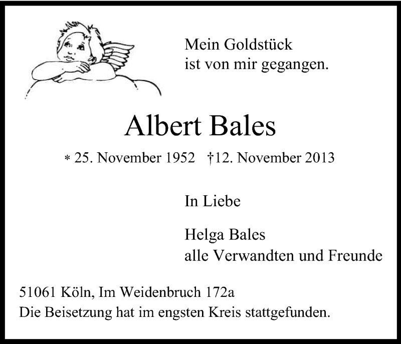  Traueranzeige für Albert Bales vom 23.11.2013 aus Kölner Stadt-Anzeiger / Kölnische Rundschau / Express