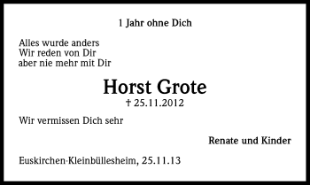 Anzeige von Horst Grote von Kölner Stadt-Anzeiger / Kölnische Rundschau / Express
