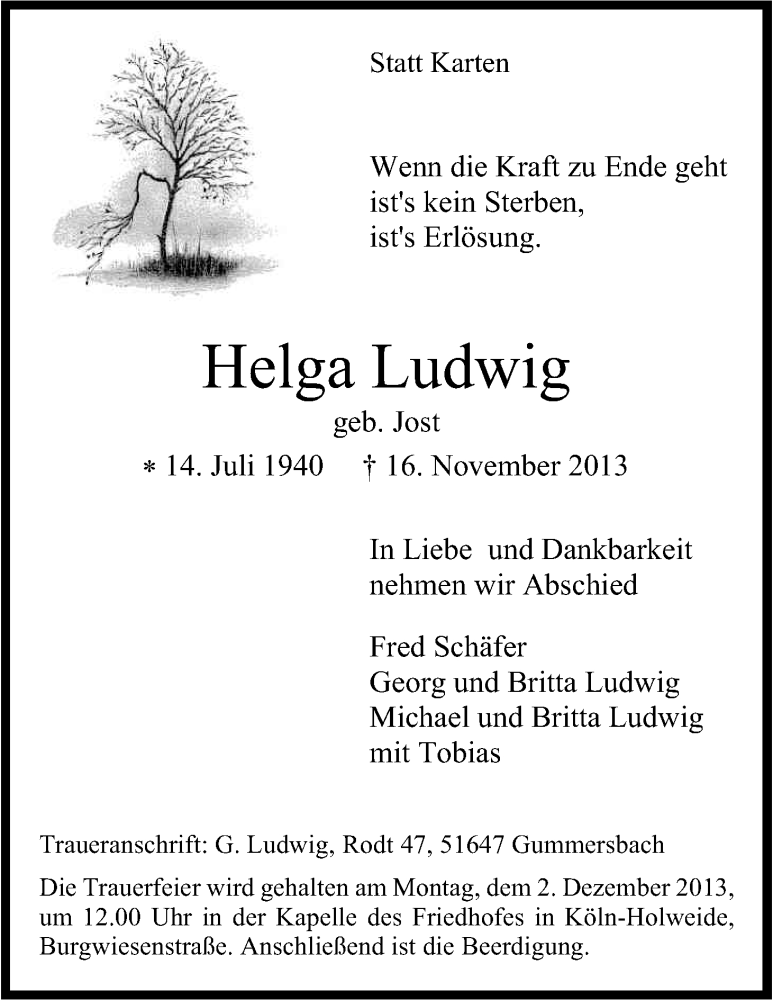  Traueranzeige für Helga Ludwig vom 23.11.2013 aus Kölner Stadt-Anzeiger / Kölnische Rundschau / Express