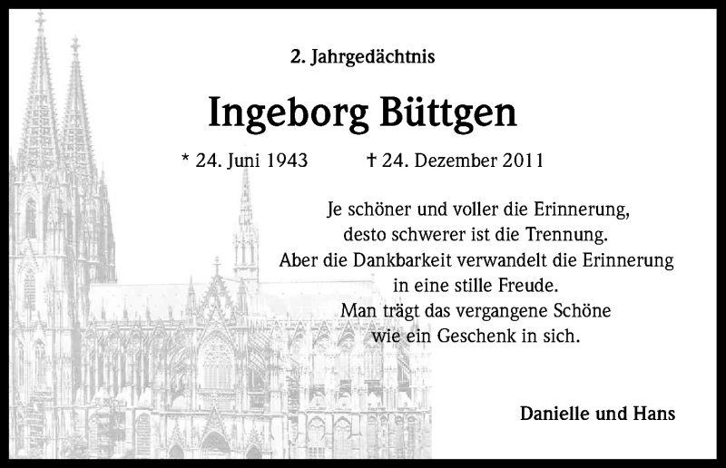  Traueranzeige für Ingeborg Büttgen vom 24.12.2013 aus Kölner Stadt-Anzeiger / Kölnische Rundschau / Express