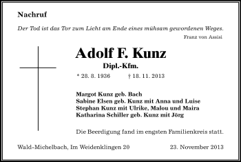 Anzeige von Adolf Kunz von Kölner Stadt-Anzeiger / Kölnische Rundschau / Express