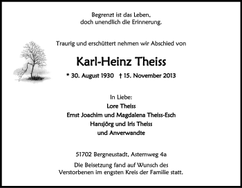 Anzeige von Karl-Heinz Theiss von Kölner Stadt-Anzeiger / Kölnische Rundschau / Express