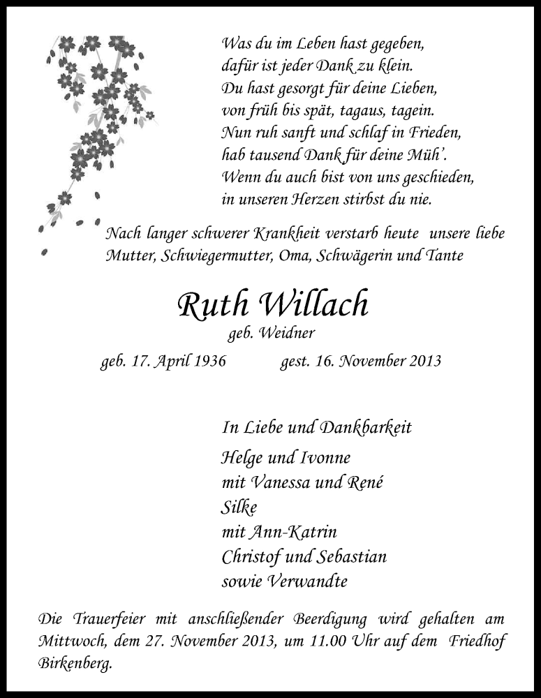  Traueranzeige für Ruth Willach vom 23.11.2013 aus Kölner Stadt-Anzeiger / Kölnische Rundschau / Express