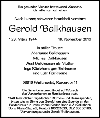 Anzeige von Gerold Balkhausen von Kölner Stadt-Anzeiger / Kölnische Rundschau / Express