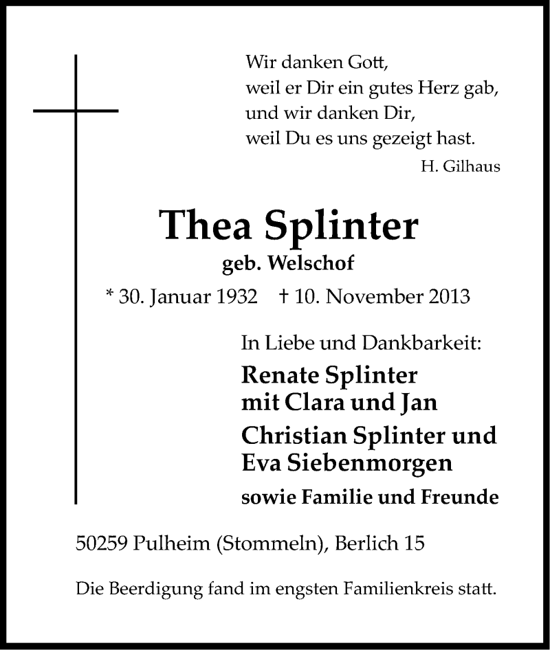  Traueranzeige für Thea Splinter vom 23.11.2013 aus Kölner Stadt-Anzeiger / Kölnische Rundschau / Express