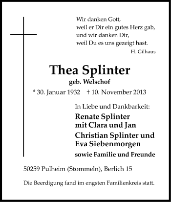 Anzeige von Thea Splinter von Kölner Stadt-Anzeiger / Kölnische Rundschau / Express