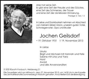 Anzeige von Jochen Geilsdorf von Kölner Stadt-Anzeiger / Kölnische Rundschau / Express