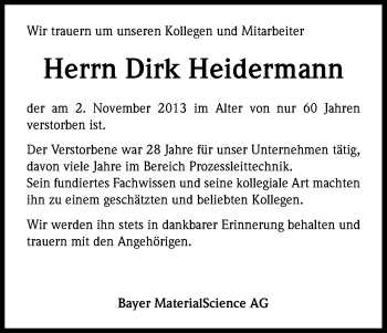 Anzeige von Dirk Heidermann von Kölner Stadt-Anzeiger / Kölnische Rundschau / Express