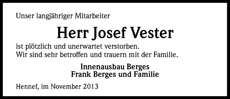  Traueranzeige für Josef Vester vom 23.11.2013 aus Kölner Stadt-Anzeiger / Kölnische Rundschau / Express