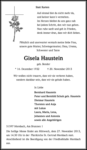 Anzeige von Gisela Haustein von Kölner Stadt-Anzeiger / Kölnische Rundschau / Express