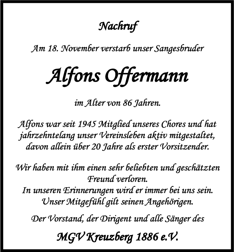 Traueranzeige für Alfons Offermann vom 23.11.2013 aus Kölner Stadt-Anzeiger / Kölnische Rundschau / Express