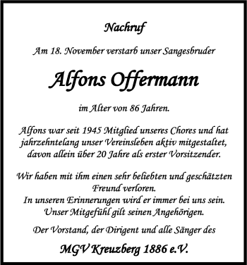 Anzeige von Alfons Offermann von Kölner Stadt-Anzeiger / Kölnische Rundschau / Express