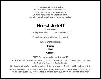 Anzeige von Horst Arleff von Kölner Stadt-Anzeiger / Kölnische Rundschau / Express