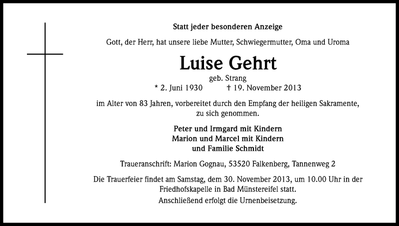  Traueranzeige für Luise Gehrt vom 23.11.2013 aus Kölner Stadt-Anzeiger / Kölnische Rundschau / Express