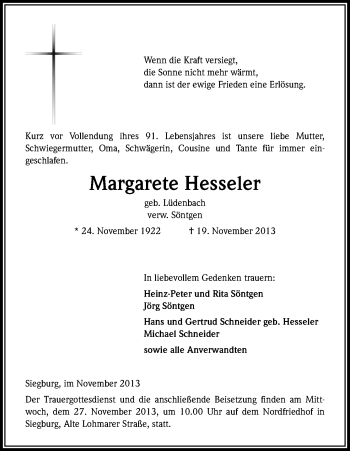 Anzeige von Margarete Hesseler von Kölner Stadt-Anzeiger / Kölnische Rundschau / Express
