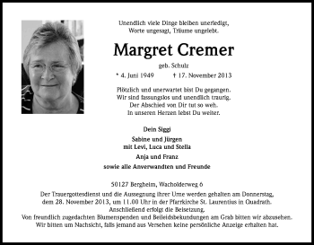 Anzeige von Margret Cremer von Kölner Stadt-Anzeiger / Kölnische Rundschau / Express
