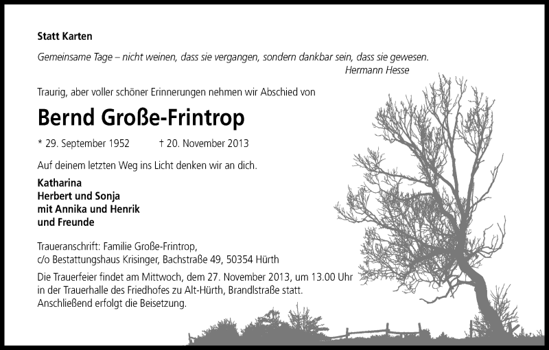  Traueranzeige für Bernd Große-Frintrop vom 23.11.2013 aus Kölner Stadt-Anzeiger / Kölnische Rundschau / Express