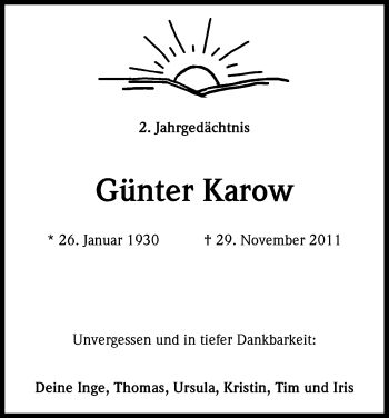 Anzeige von Günter Karow von Kölner Stadt-Anzeiger / Kölnische Rundschau / Express