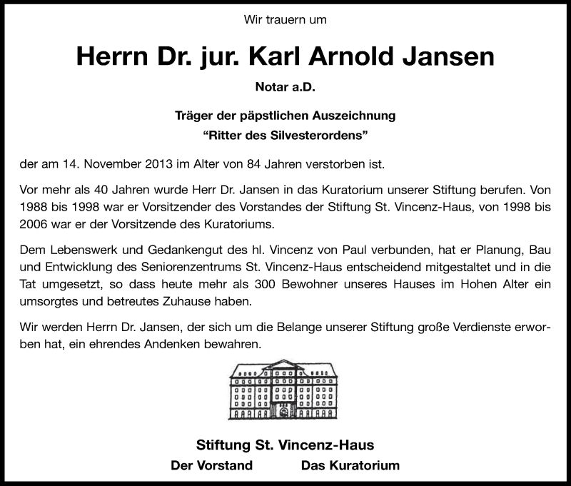  Traueranzeige für Karl Arnold Jansen vom 23.11.2013 aus Kölner Stadt-Anzeiger / Kölnische Rundschau / Express