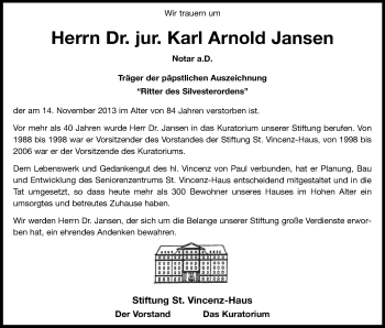 Anzeige von Karl Arnold Jansen von Kölner Stadt-Anzeiger / Kölnische Rundschau / Express