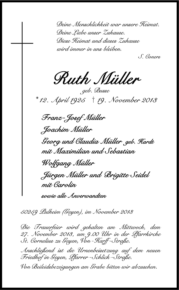  Traueranzeige für Ruth Müller vom 23.11.2013 aus Kölner Stadt-Anzeiger / Kölnische Rundschau / Express