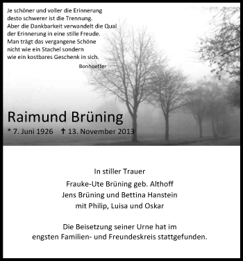 Anzeige von Raimund Brüning von Kölner Stadt-Anzeiger / Kölnische Rundschau / Express