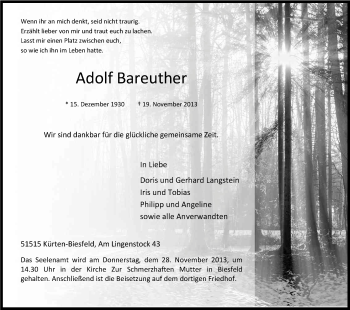 Anzeige von Adolf Bareuther von Kölner Stadt-Anzeiger / Kölnische Rundschau / Express
