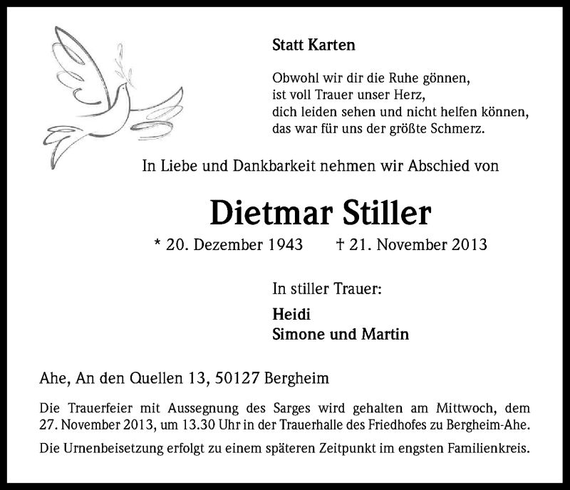  Traueranzeige für Dietmar Stiller vom 23.11.2013 aus Kölner Stadt-Anzeiger / Kölnische Rundschau / Express