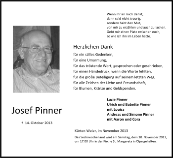 Anzeige von Josef Pinner von Kölner Stadt-Anzeiger / Kölnische Rundschau / Express