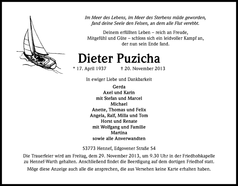  Traueranzeige für Dieter Puzicha vom 23.11.2013 aus Kölner Stadt-Anzeiger / Kölnische Rundschau / Express