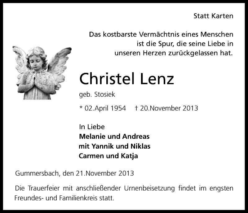  Traueranzeige für Christel Lenz vom 23.11.2013 aus Kölner Stadt-Anzeiger / Kölnische Rundschau / Express