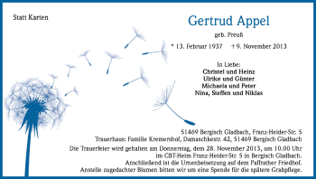 Anzeige von Gertrud Appel von Kölner Stadt-Anzeiger / Kölnische Rundschau / Express